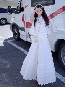 ชุดเสื้อและกางเกงขายาวผ้าปักสไตล์จีนใหม่สำหรับผู้หญิง ชุดสองชิ้นสีขาว ทรงหลวม แขนยาว คอตั้ง ฤดูใบไม้ร่วง 2025