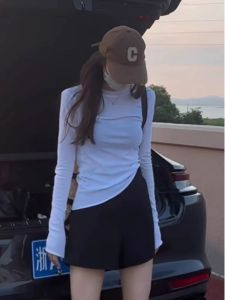 เสื้อยืดแขนยาวผ้าฝ้ายแท้สีขาว ทรงหลวม สไตล์เกาหลี สำหรับผู้หญิง ฤดูใบไม้ร่วง/ฤดูหนาว เสื้อชั้นในแบบมีขนแกะ ทรงพอดีตัว เสื้อผ้าทำงาน