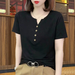 HUAXUNRAN | V-Neck Loose T-Shirt for Women Summer Fashionable Slimming and Belly Covering