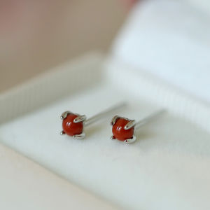 Miniature S925 Sterling Silver Earrings for Women South Red Agate Elegant Small Ear Jewelry Fashionable Vintage Style