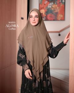 Set Gamis Dress Ceruty Babydoll Printing Premium Syari Pink Fanta - Coklat Tua - Mocca - Burgundy - Black - Caramel Branded Mewah Masya Syari Terbaru Alora MADENIA SYARI By MASYA