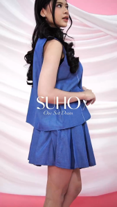 Yoenik Apparel Suho One Set Denim Atasan Vest Outer Rok Lipit Wanita Setelan Korean Style