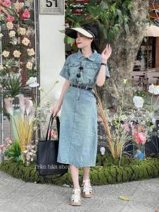 Váy đầm jean sơ mi xẻ sau kèm đai