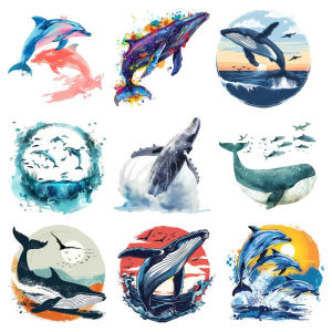 2PCS 22cm Cartoon Fish Dolphins Whales Ironing Heat Transfer Stickers Clothes Vinyl Hot Stickers Fashion DIY Clothing Stickers
