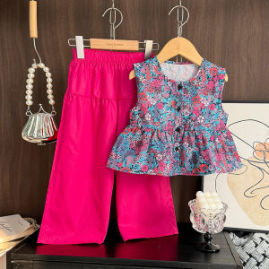 Menoea Summer New Girls Clothing Suits Korean Version Round Neck Sleeveless Flower Printed Top+ Wide Leg Pants Two-piece Set Casual Kids Outfits for Kids Clothes 3 to 7 Years