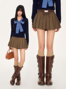 Weekendhub Coffee Color A-Line Mini Skirt Girls Pleated Short Skirt Khaki Half Skirt High Waist Polyester Fiber Casual Date