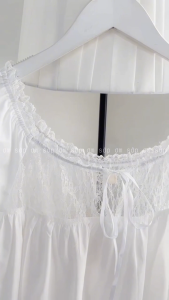 Đầm babydoll phối ren cổ thuyền cột nơ tay ngắn bồng viền ren màu trắng dễ thương gợi cảm TENCI DRESS