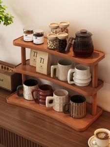 Desktop Cup Storage Rack Office Workstation Tabletop Organizer Multi-layer Water Cup Small Shelf Tea Break Area Bamboo Material