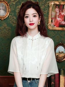 Women's Summer Short Sleeve Stand Collar Shirt & Han Elements Modified Hanfu Style Matched with Horse Tailed Skirt Korean Version Loose Fit