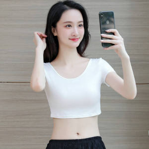 Modal Halter เสื้อท่อนบน ผู้หญิง เสื้อยืดครอปคอกลมแขนสั้นสําหรับ ชุดหน้าร้อน พร้อม ลูกไม้ รายละเอียดและ มีเข็มขัด กระโปรง