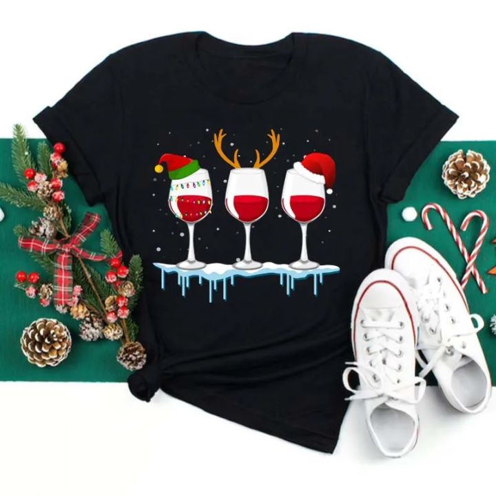 Women Wine Glass Christmas Hats Black T Shirt Christmas Xmas Gifts