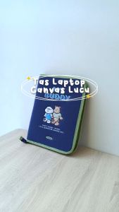 Sleeve Pouch Sarung Tas Bag Case Ipad Tab Tablet Macbook Air Pro Laptop Asus Acer Lenovo HP Huawei 11 12 13 14 15 inch Motif Gambar Kartun Bear Beruang Poodle Warna Biru Navy Putih White Cute Murah Korean Model Kanvas Canvas Waterproof Tahan Air