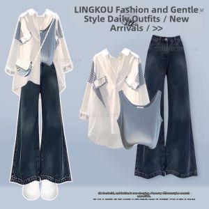 NUMEN BUTTON | Spring Summer Office Style Set Shirt Top Skinny Jeans