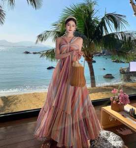 Đầm Maxi Sọc Cam Nâu