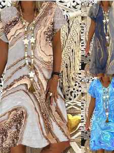 Printed V-Neck Loose Casual Dress Printed V-neck Loose Leisure Short Dress