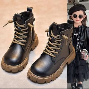 Leather Martin Boots for Girls And Boys Fleece Lined Black Short Boots Childrens Autumn Winter Booties Slip on Ankle Boots