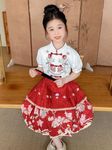 New Summer Childrens Hanfu Performance Costume Set for Baby Girls Horse Tailed Skirt Traditional Chinese Style Kids Outfit