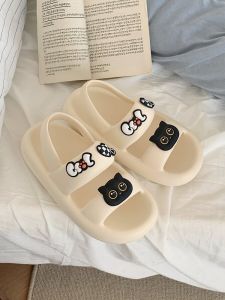Sweet Cool Black Kitten Flat Sandals Womens Summer EVA Slip-On Beach Shoes Low Heel Soft Bottom Cartoon Anime Korean Style