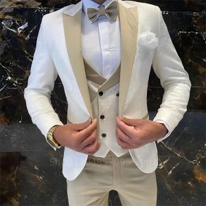 Jacquard 3 Piece Wedding Mens Tuxedo Slim Fit Peak Lapel Blazer Vests Pants Set Business Prom Party Set Mens Formal Clothes