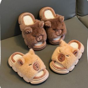 Capybara Slippers Childrens Sandals 2025 Summer Linen Floor Shoes Indoor Breathable Home Slippers Anti-slip Cartoon Slippers