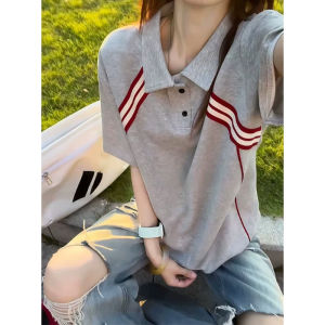 CHENMU | Black and Red Stripe Short Sleeve Summer American Boxy Polo