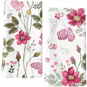 2-Piece Set Charming Pink Floral and Butterfly Kitchen Towel Set—Super Soft and Absorbent Napkins Also Serve as Home Decor Modern Farmhouse Style