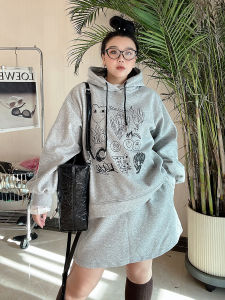 Autumn Winter Grey Graffiti Sweatshirt Short Skirt Set Hand Drawn Two Piece Womens Clothing plus Size Chic Casual Fashion