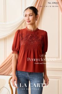 69664 เสื้อ A La Carte ชีฟองแขนสั้น คอกลม แต่งทริม งานตีเกล็ด แต่งลูกไม้เนื้อทอช่วงอก มีซับใน สวยหรู by PENNY CLOTH 888