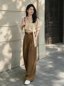 HUAYILING | High Intelligent Sensation Charming Womens Suit V-Neck Shirts and Flared High-Waisted Trousers Set