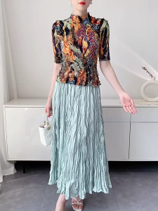KESHANGYI Handmade Random Pleated Print Summer Pleated Top For Women Comfortable Casual Loose Famales Elastic T-shirt