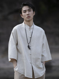 Zhongshan Chinese Style Linen Shirt Mens Three-Quarter Sleeve Tang Suit Chinese Style Cotton Linen Casual Thin Shirt Summer Youth Trendy