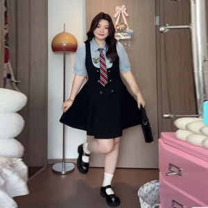 Phong Cách Preppy Cao Cấp Mùa Hè Cho Plus Size Nữ Học Viện Pháp Sang Trọng 2 Bộ Đồ Tay Ngắn Và Thắt Lưng