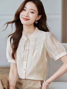 New Chinese Style Stand Collar Womens Shirt Short Sleeve Cheongsam Hanfu Top Summer Fashion Snowflake Polyester Casual Shirt