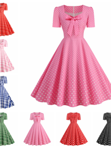Hepburn Retro Hong Kong Style Square Collar Butterfly Knot Plaid Polka Dot Short Sleeve Dress Morning Robe Dance Dress
