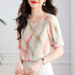 Elegant Chic Short Sleeve Chiffon Shirt Womens Fashion Summer 2025 New Style Beautiful Stylish Trendy Top Korean Style round Neck