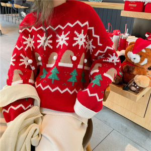Trendy Red Thickened Loose Lazy Style High Collar Knitted Sweater Womens Fashion Winter Warm Long Sleeve Crew Neck Pullover