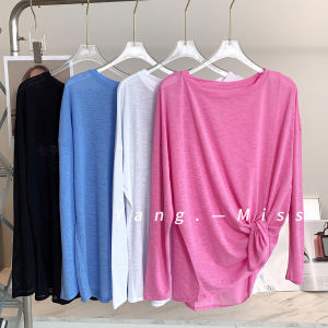 เสื้อยืดแขนยาวทรงหลวมสำหรับโยคะ น้ำหนักเบา ระบายอากาศได้ดี ป้องกันแสงแดด แขนยาว คอตั้ง ทรงหลวม สำหรับผู้หญิง