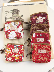 Red Cotton Small Floral Fabric Double Zipper Card Holder Coin Purse Bag Mother Mother-in-Law Elderly Coin Pocket Men and Women