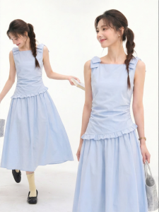 HTMEME | Sleeveless Square Neck Waist-cinching Flared Skirt Slimming Summer Dress