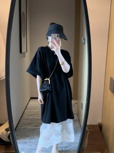 South Korea Dongdaemun Summer New Arrival Lace Mesh Elegant Fashion Loose Casual T-shirt Dress + Skirt Two-piece Set