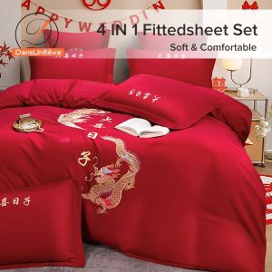 Dansunreve Wedding Bedding Set Luxury Red Fitted Bedsheet Set Queen King Super King Floral Blessing Love Fittedsheet Duvet Cover Pillowcase 结婚四件套