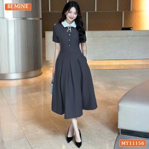 Đầm thiết kế BEMINE cổ đức đính dây nơ dáng chữ A tùng xếp ly phù hợp đi làm-MT11156