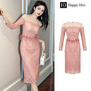 Happy Diva เดรสผู้หญิง เดรสสีชมพู เดรสแขนยาว เดรสลูกไม้ เดรสไฮโซ เดรสออกงาน เดรสไปงานแต่ง เดรสเซ็กซี่ เดรสฝรั่งเศส 20690