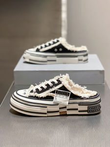 Womens Canvas Slip-On Sandals Thick Heel Real Leather Low Cut Classic Style Retro Fashion Daily Wear Comfortable Rubber Sole