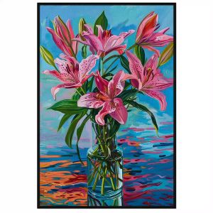 Tranh tĩnh vật hoa loa kèn màu hồng trong bình thủy tinh.Tranh treo tường dán tường trang trí nội thất.CGI-896