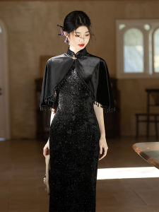 Young Style Black Cheongsam Outfit Shoulder Shawl Set Retro Feel Daily Wear Velvet Material No Sleeve Low Slit for Ages 18-25
