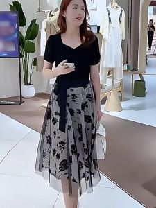 Elegant Floral Puff Midi Dress with Black Bow Detail for Plus Size Women 4XL