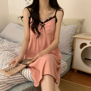ฤดูร้อน ทอ ผ้าฝ้าย ชุดนอน ผู้หญิง ชุดราตรี มีแผ่นรองหน้าอก ลูกไม้ Trim เสื้อสายเดี่ยว บ้าน เดรส ความยาวปานกลาง ลำลอง สไตล์เยาวชน