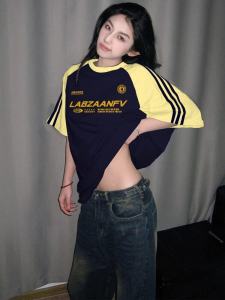 Retro American Color Block Striped round Neck mid Length Short Sleeve T Shirt Women Summer New College Style Design Sense Top