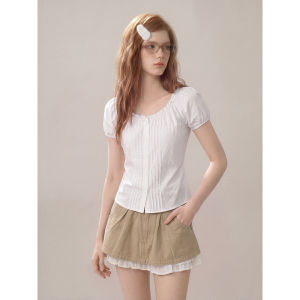 KBVVR | White Puff Sleeve Straight Shoulder Short Sleeve Blouse Shirt